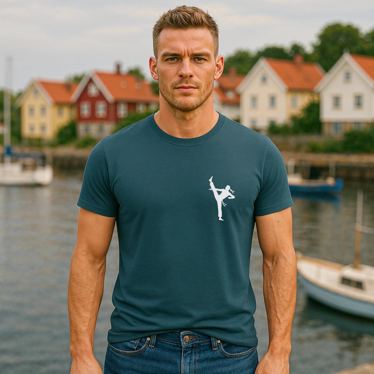 Alt Tag: Professional Karate 100% Organic Cotton T-Shirt worn by man, teal crewneck with white karate kick graphic, outdoor waterfront setting