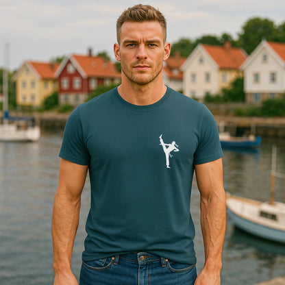Alt Tag: Professional Karate 100% Organic Cotton T-Shirt worn by man, teal crewneck with white karate kick graphic, outdoor waterfront setting