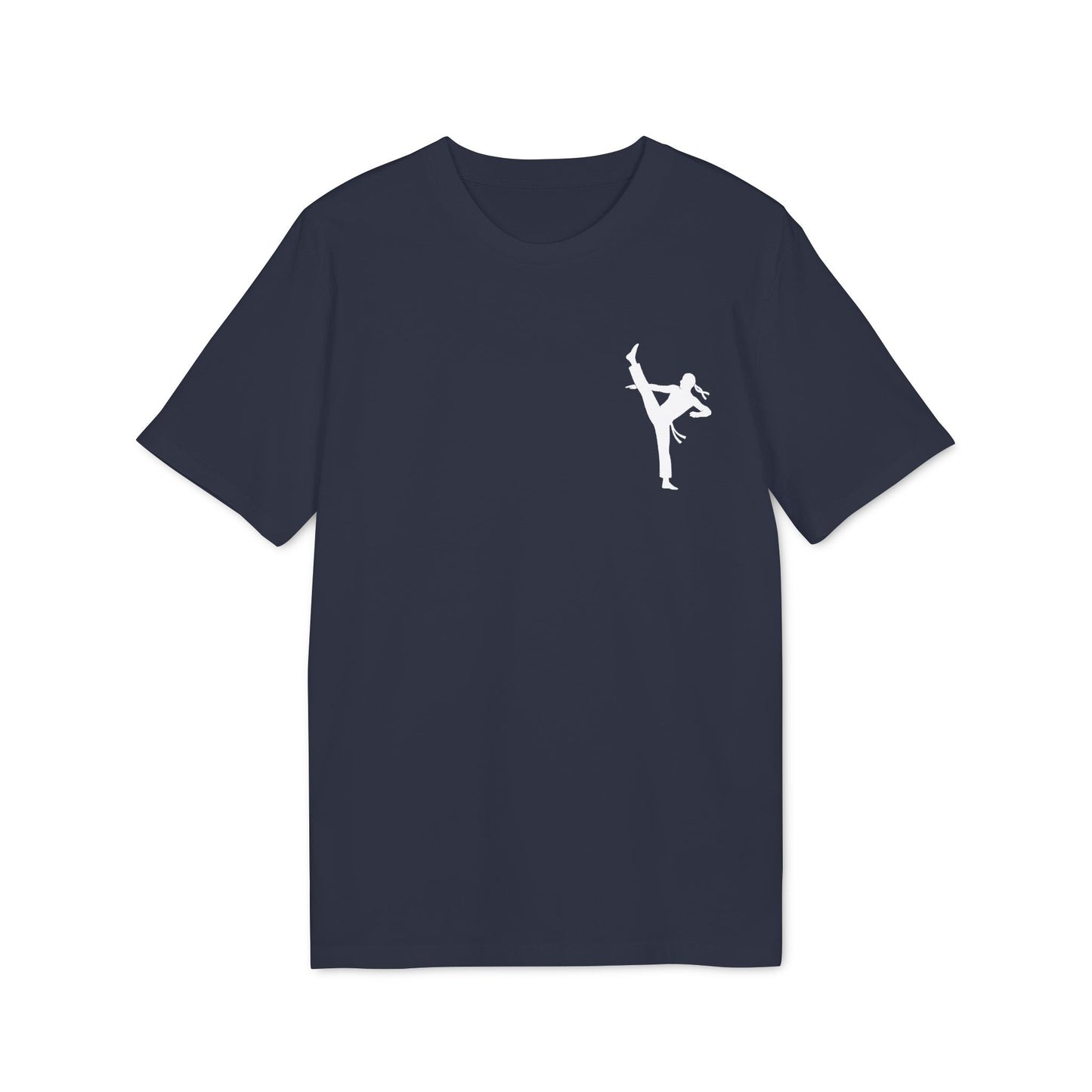Alt Tag: Professional Karate 100% Organic Cotton T-Shirt navy crew neck with white karate kick silhouette graphic