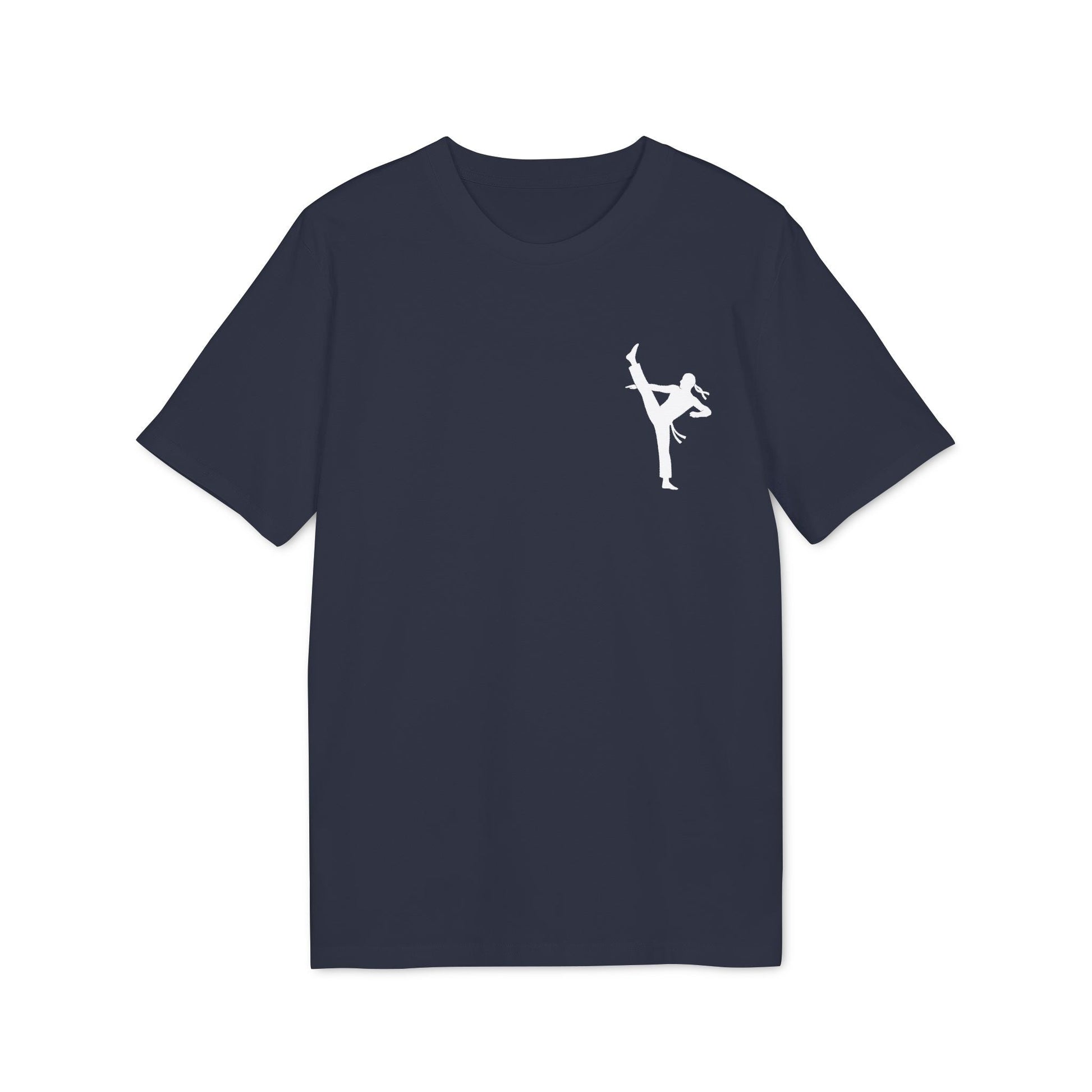 Alt Tag: Professional Karate 100% Organic Cotton T-Shirt navy crew neck with white karate kick silhouette graphic