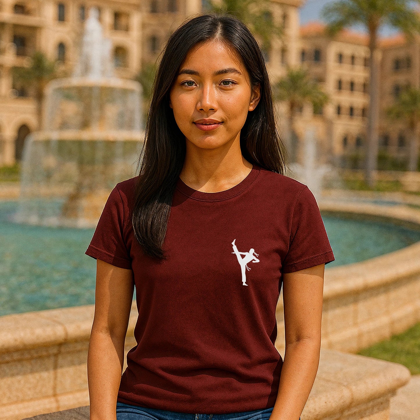 Professional Karate 100% Organic Cotton T-Shirt worn by woman in burgundy, front view with karate kick graphic