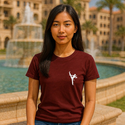 Professional Karate 100% Organic Cotton T-Shirt worn by woman in burgundy, front view with karate kick graphic