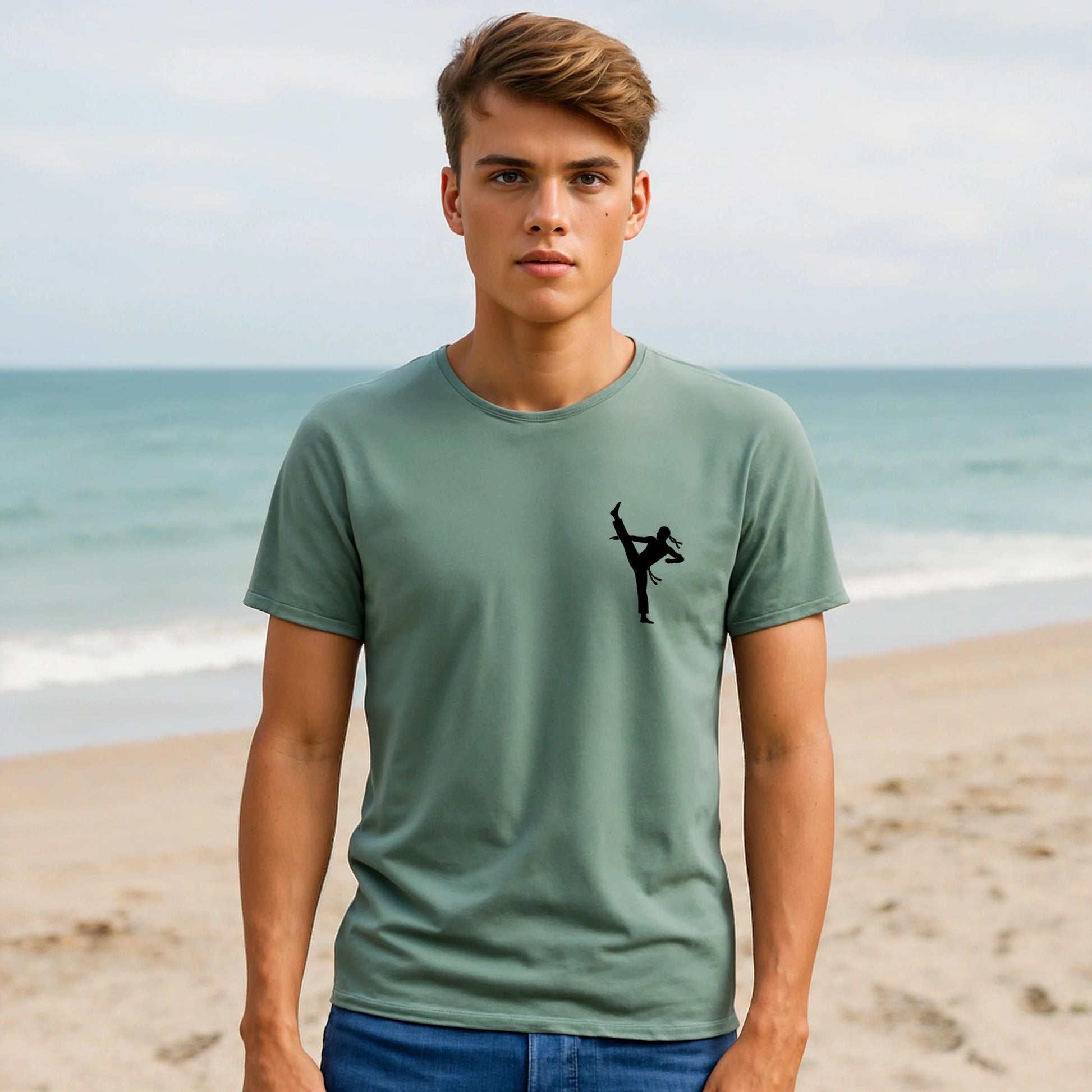 Alt Tag: Professional Karate 100% Organic Cotton T-Shirt worn by model, green tee with karate kick silhouette graphic, front view