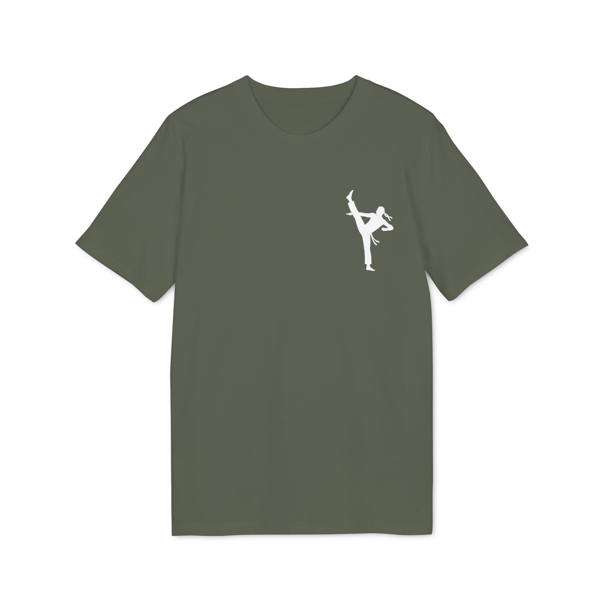 Alt Tag: Professional Karate 100% Organic Cotton T-Shirt in olive green with white karate kick silhouette graphic on chest