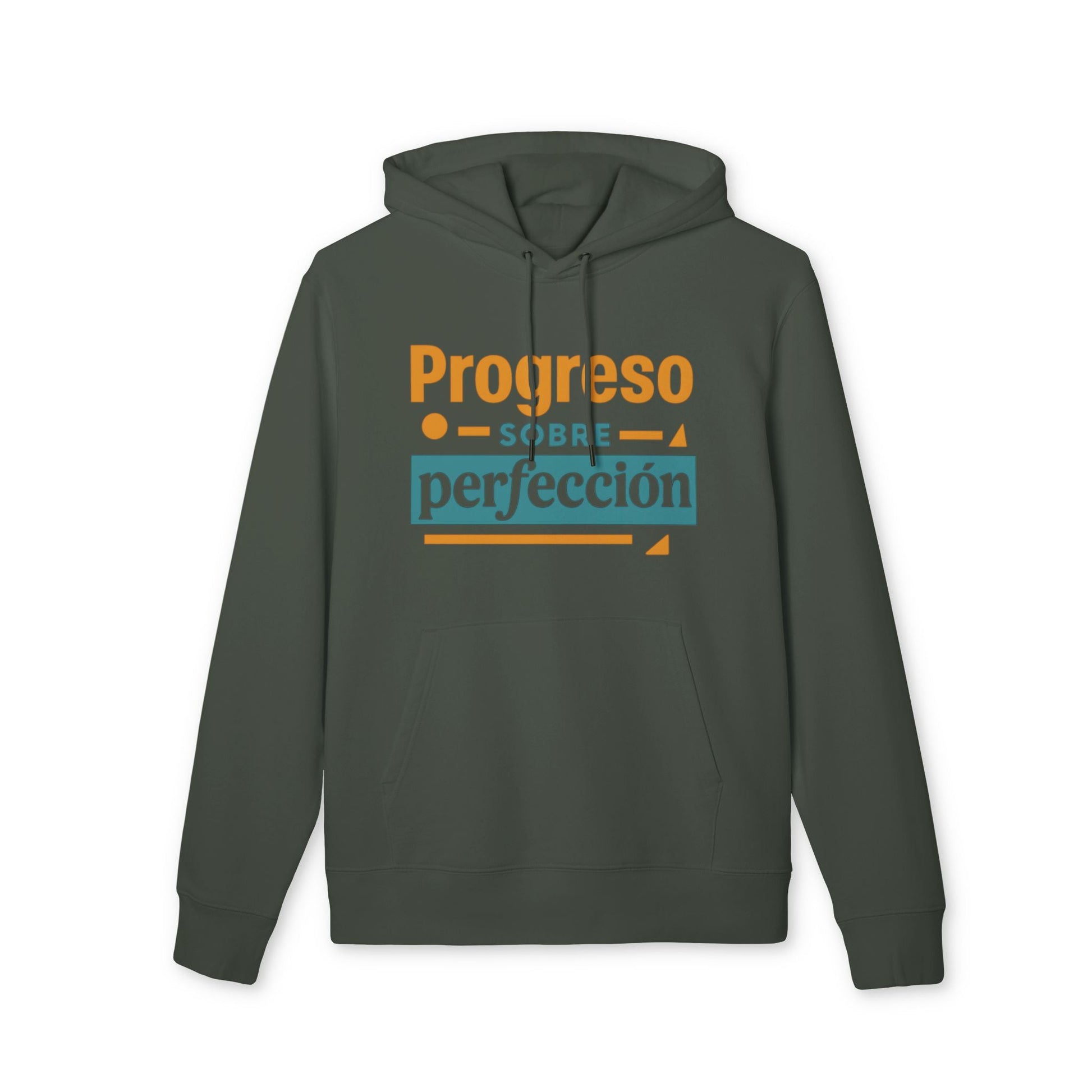 Alt Tag: Progreso Sobre Perfeccion 100% Organic Cotton Hoodie verde oscuro con capucha y gráfico tipográfico “Progreso sobre perfección”