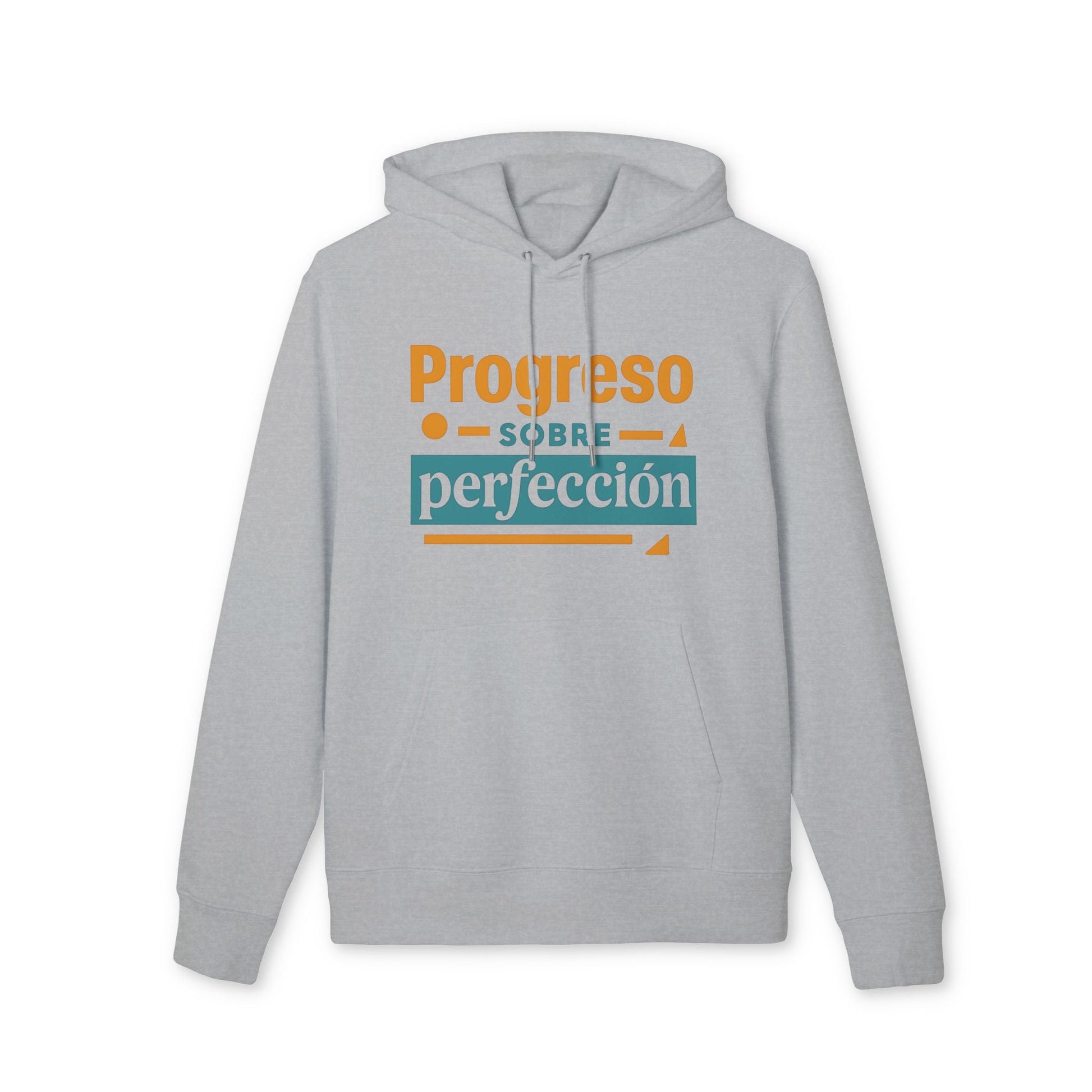 Alt Tag: Progreso Sobre Perfeccion 100% Organic Cotton Hoodie gris con capucha y diseño tipográfico “Progreso sobre perfección” al frente