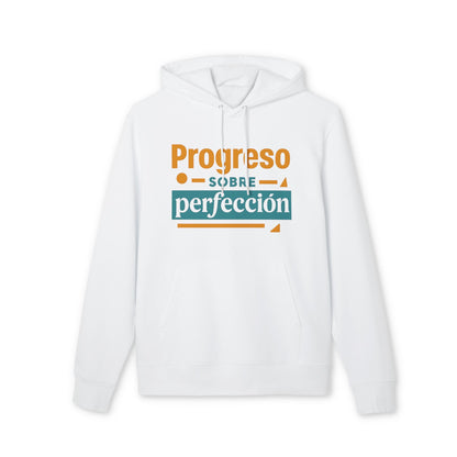 Alt Tag: Progreso Sobre Perfeccion 100% Organic Cotton Hoodie blanco con capucha, diseño tipográfico “Progreso sobre perfección” en naranja y verde