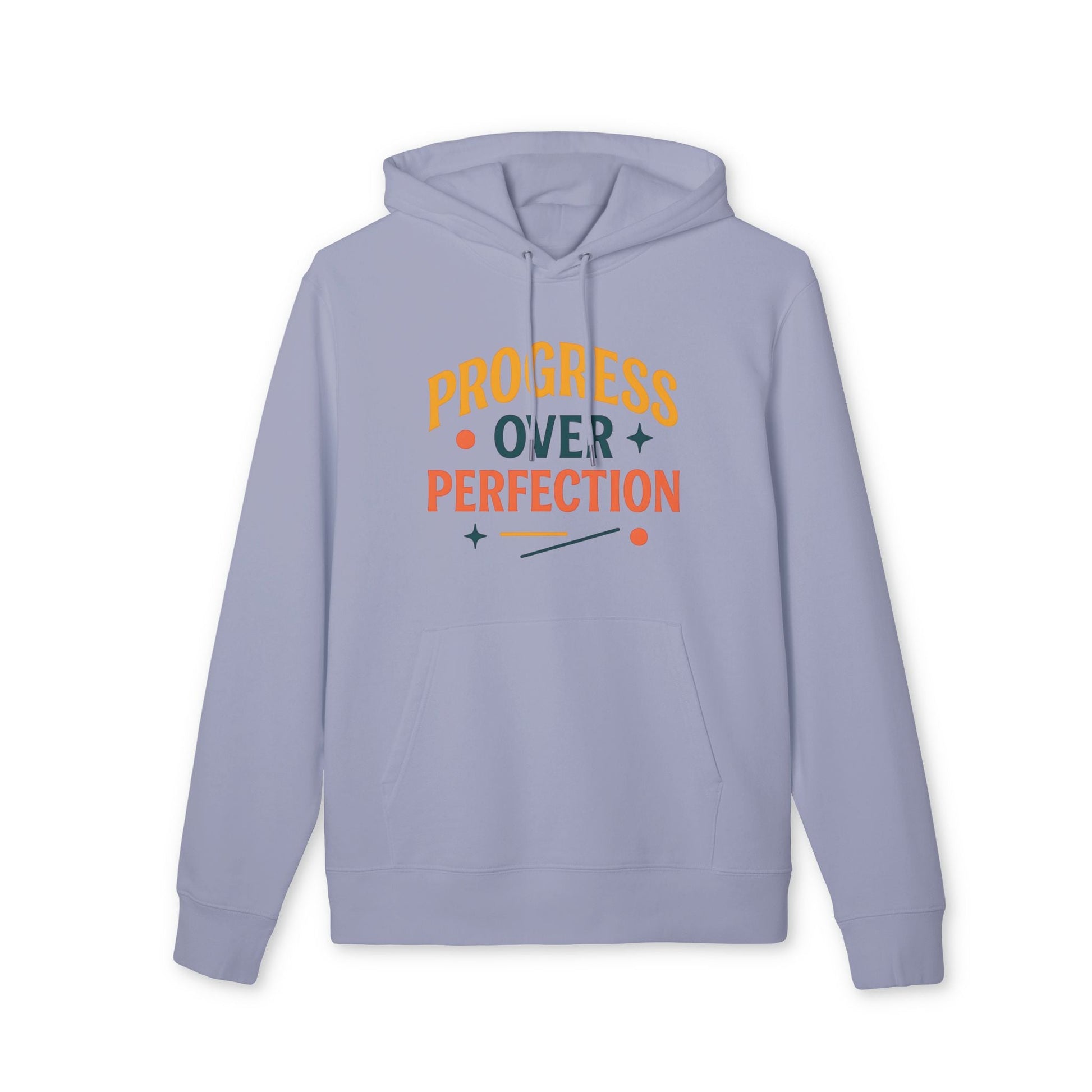 Alt Tag: Progress Over Perfection Premium Unisex Hoodie in light blue with "Progress Over Perfection" graphic print and drawstring hood