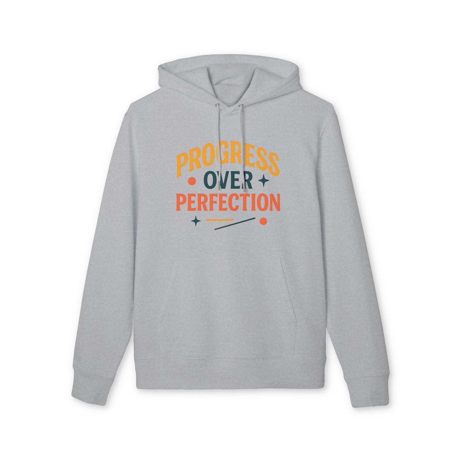 Alt Tag: Progress Over Perfection Premium Unisex Hoodie in light gray with “Progress Over Perfection” graphic, front view