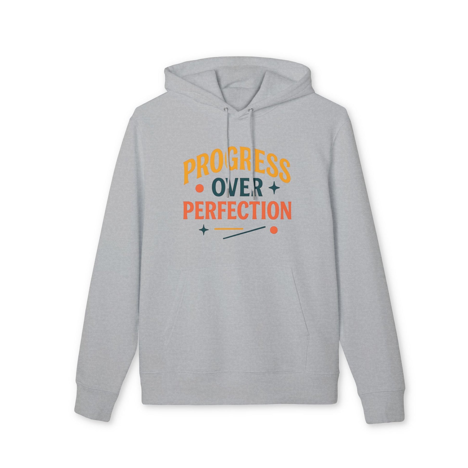 Alt Tag: Progress Over Perfection Premium Unisex Hoodie in light gray with “Progress Over Perfection” graphic, front view