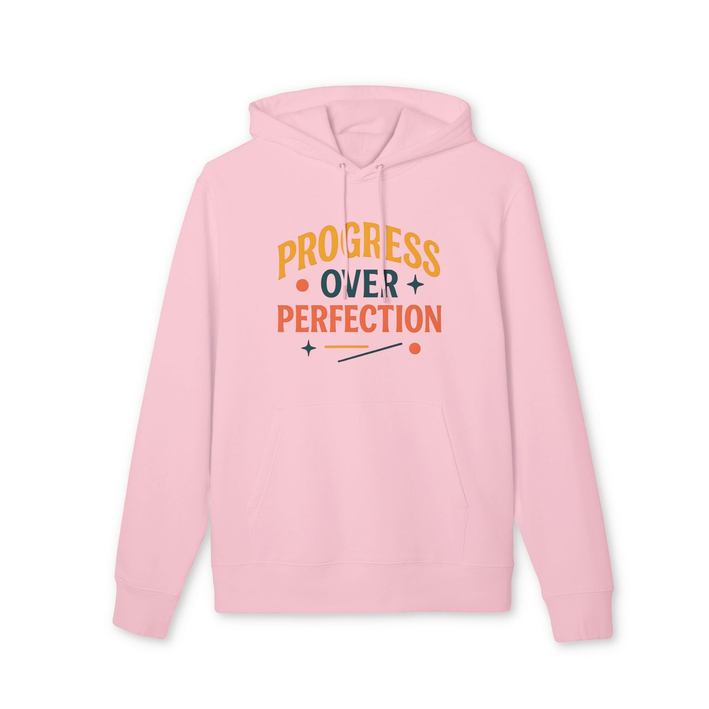 Progress Over Perfection Premium Unisex Hoodie in pink with "Progress Over Perfection" graphic text, organic cotton pullover sweatshirt