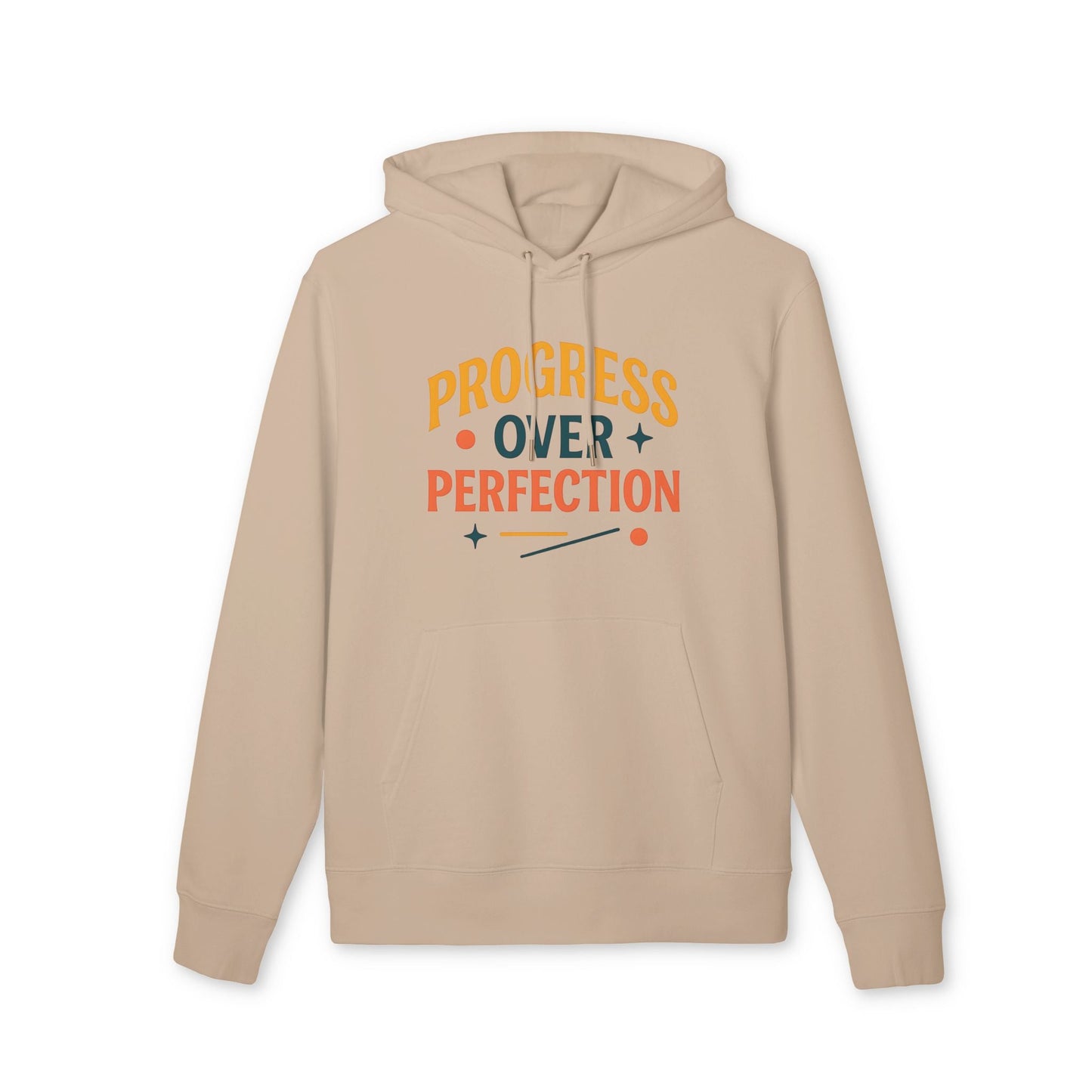 Progress Over Perfection Premium Unisex Hoodie beige organic cotton pullover with "Progress Over Perfection" graphic front