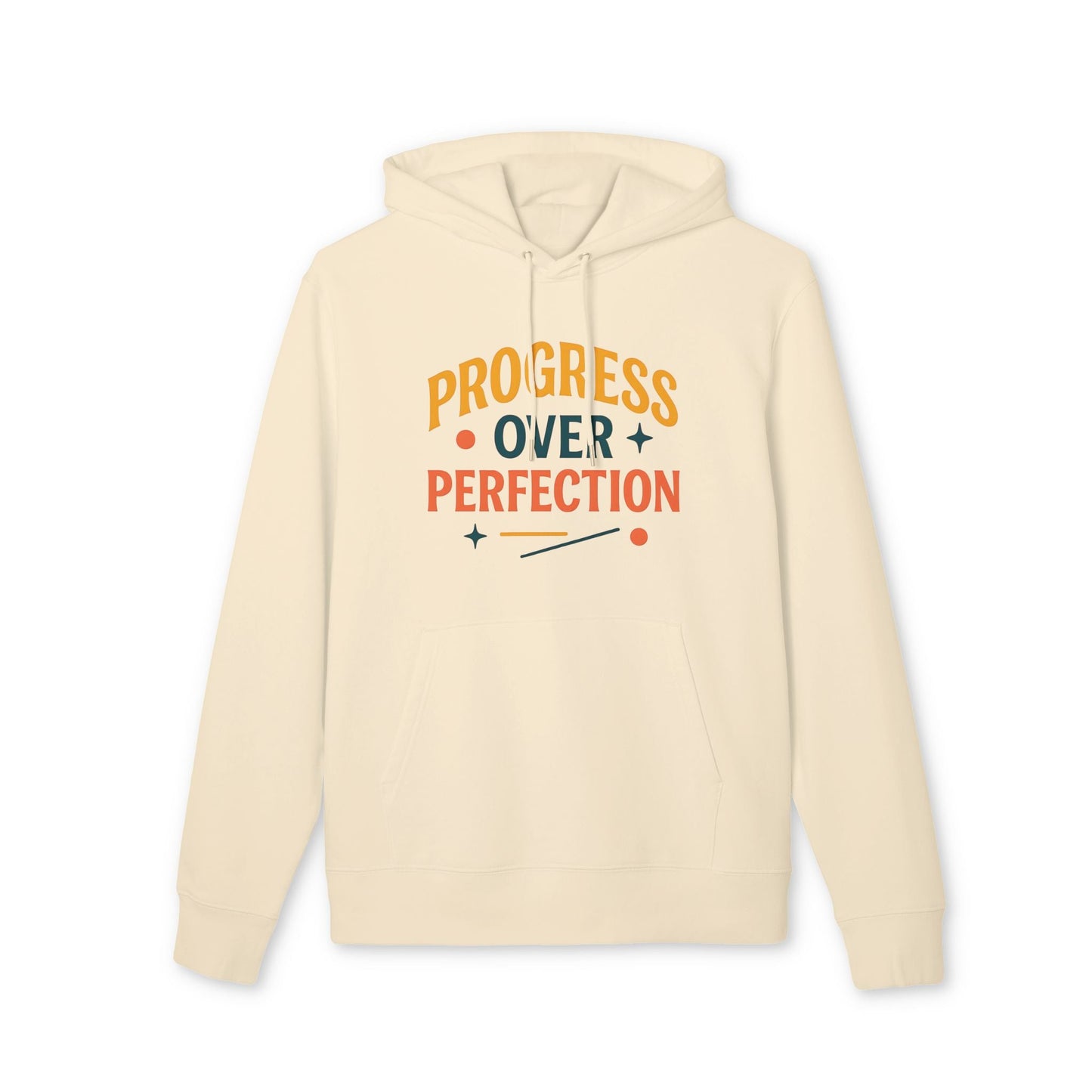 Alt Tag: Progress Over Perfection Premium Unisex Hoodie en color crema con capucha y estampado tipográfico “Progress Over Perfection”