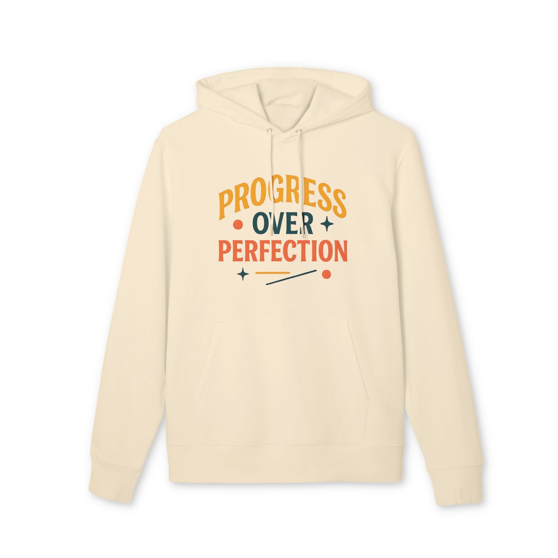 Alt Tag: Progress Over Perfection Premium Unisex Hoodie en color crema con capucha y estampado tipográfico “Progress Over Perfection”