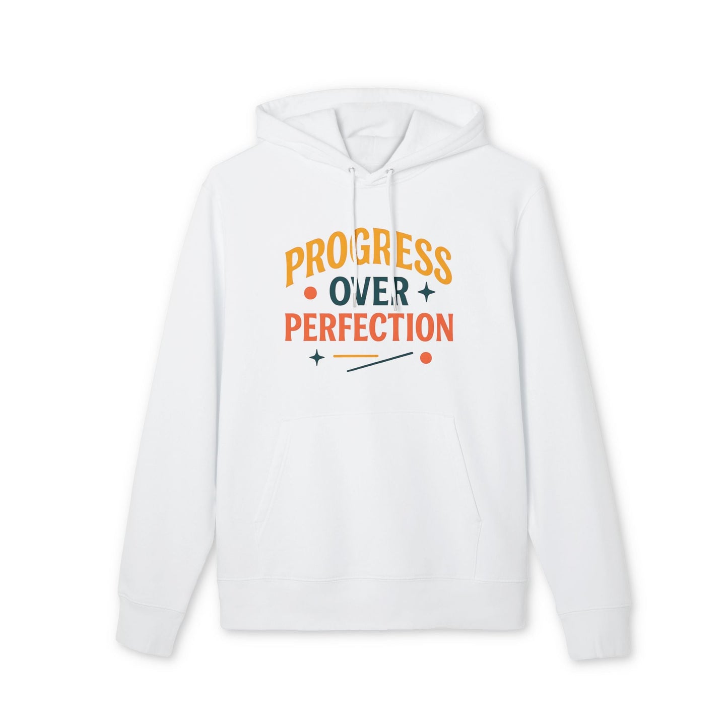 Alt Tag: Progress Over Perfection Premium Unisex Hoodie blanca con capucha, texto “Progress Over Perfection” en naranja y azul, algodón orgánico