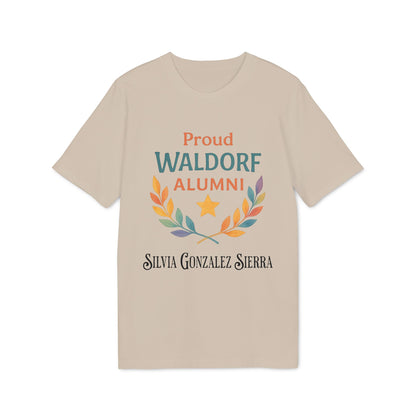 Proud Waldorf Alumni Light Colors camiseta beige con diseño tipográfico y corona de laurel multicolor