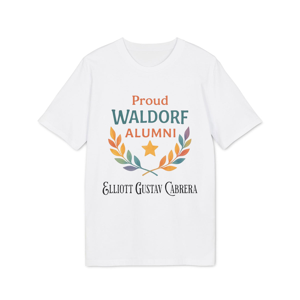 Alt Tag: Proud Waldorf Alumni Light Colors camiseta blanca con tipografía y corona de hojas en tonos claros y nombre personalizado
