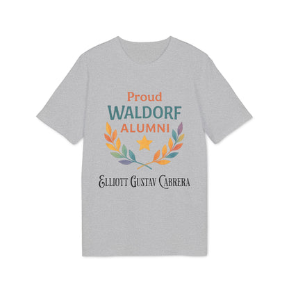 Proud Waldorf Alumni Light Colors camiseta gris claro con diseño "Proud Waldorf Alumni", corona de laurel y nombre Elliott Gustav Carrera