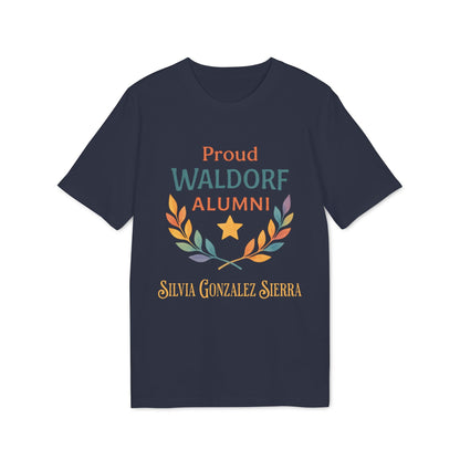 Alt Tag: Proud Waldorf Alumni Personalized Darker Colors navy t-shirt with laurel and star, personalized name Silvia Gonzalez Sierra