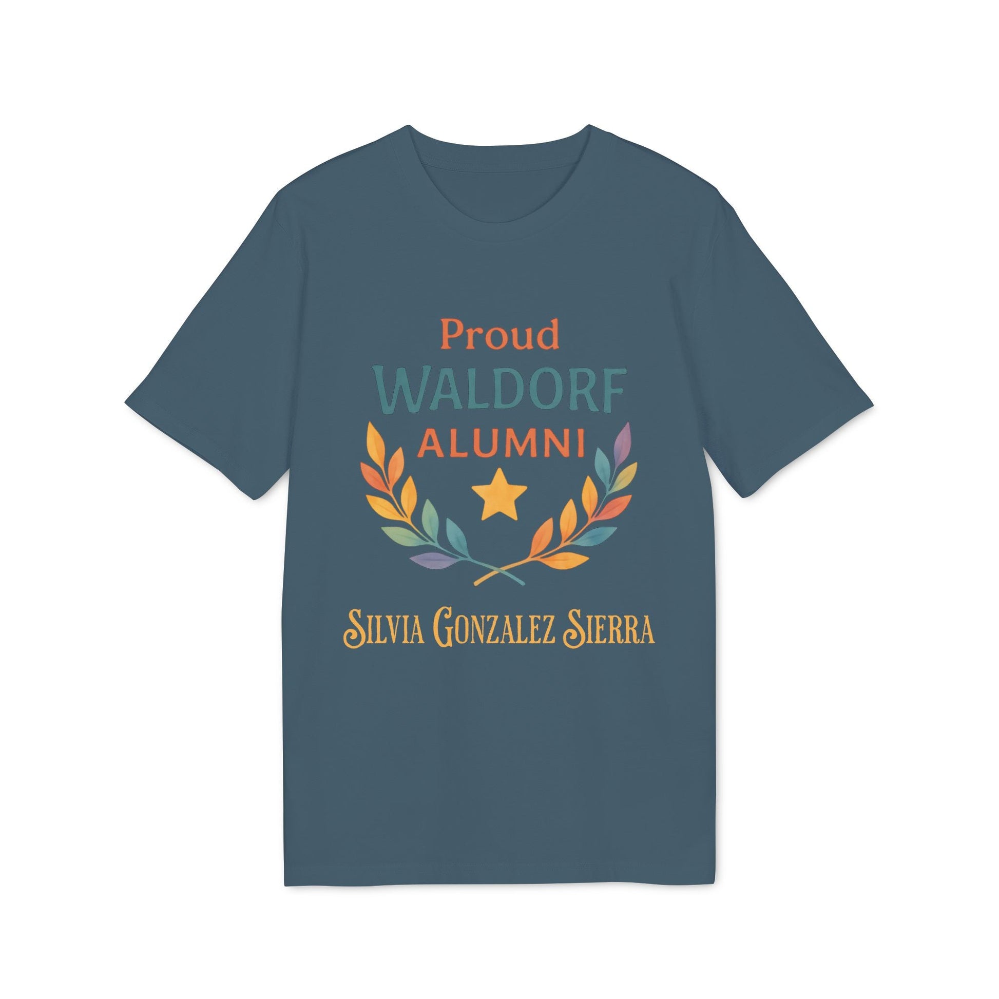 Alt Tag: Proud Waldorf Alumni Personalized Darker Colors t-shirt in dark teal with laurel graphic and custom name Silvia Gonzalez Sierra