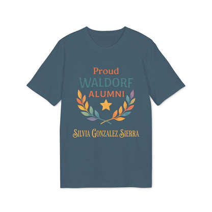 Alt Tag: Proud Waldorf Alumni Personalized Darker Colors t-shirt in dark teal with laurel graphic and custom name Silvia Gonzalez Sierra