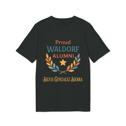 Alt Tag: Proud Waldorf Alumni Personalized Darker Colors dark t-shirt with laurel wreath, star, and personalized name Silvia Gonzalez Sierra