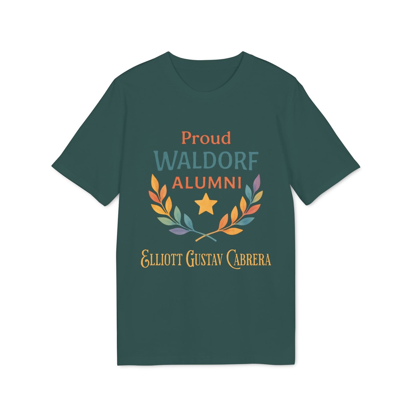 Alt Tag: Proud Waldorf Alumni Personalized Darker Colors t-shirt in dark green with laurel wreath, star, and personalized name text