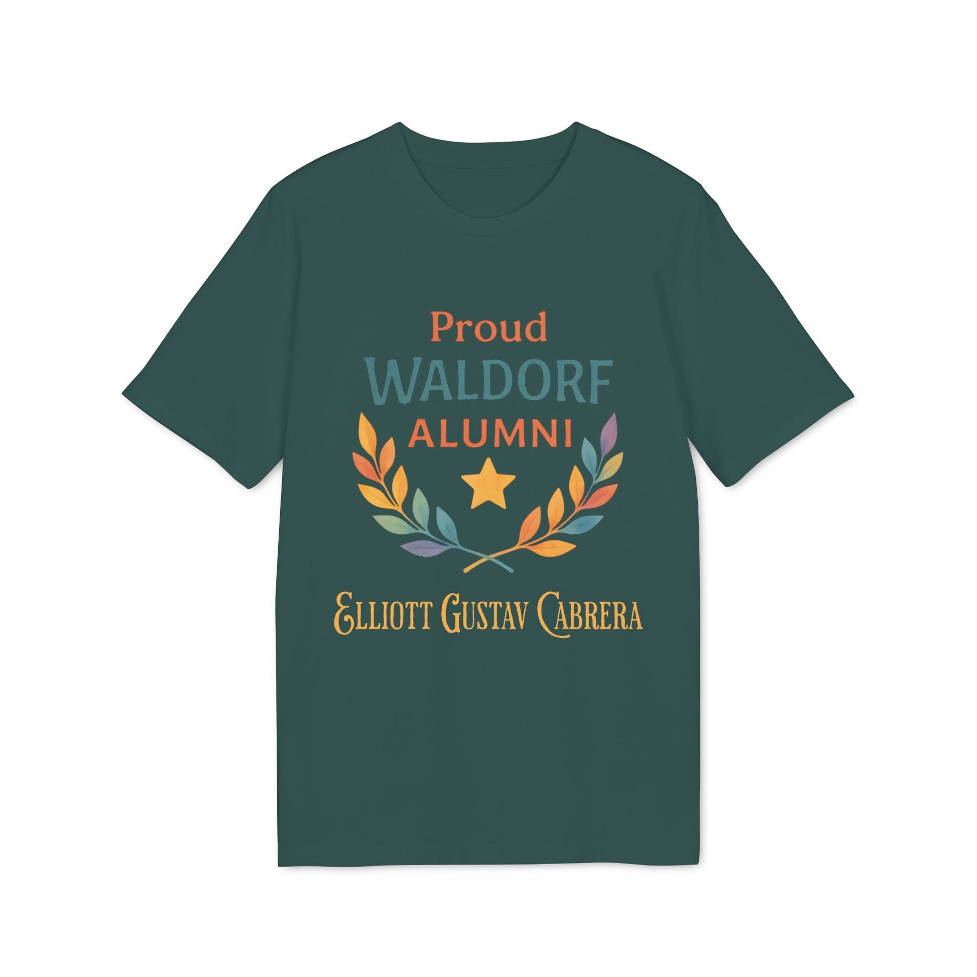 Alt Tag: Proud Waldorf Alumni Personalized Darker Colors t-shirt in dark green with laurel wreath, star, and personalized name text