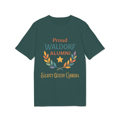 Alt Tag: Proud Waldorf Alumni Personalized Darker Colors t-shirt in dark green with laurel wreath, star, and personalized name text