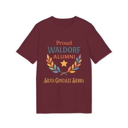 Proud Waldorf Alumni Personalized Darker Colors burgundy t-shirt with laurel graphic and custom name Silvia Gonzalez Sierra