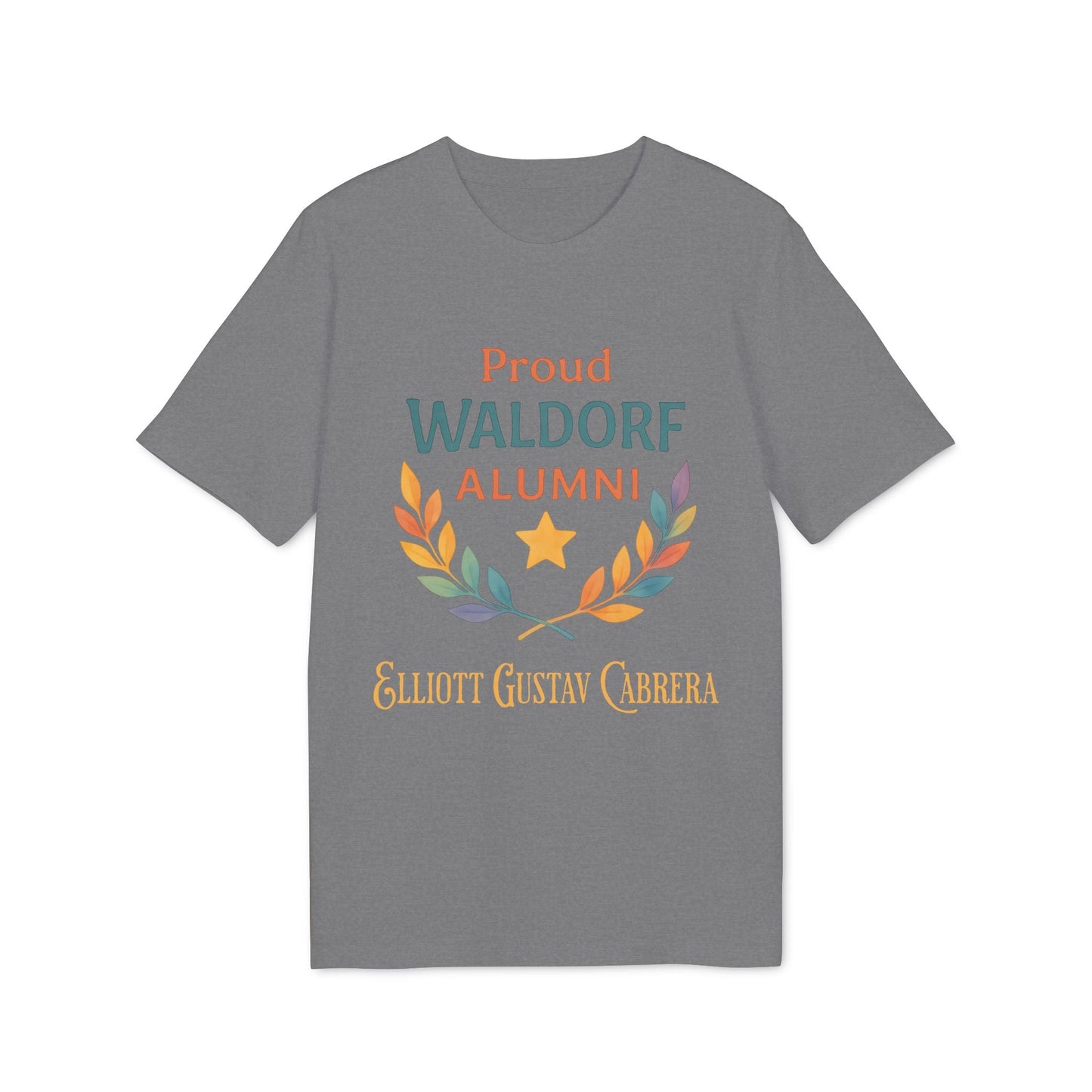 Alt Tag: Proud Waldorf Alumni Personalized Darker Colors grey t-shirt with laurel and star graphic, personalized name Elliott Gustav Cabrera