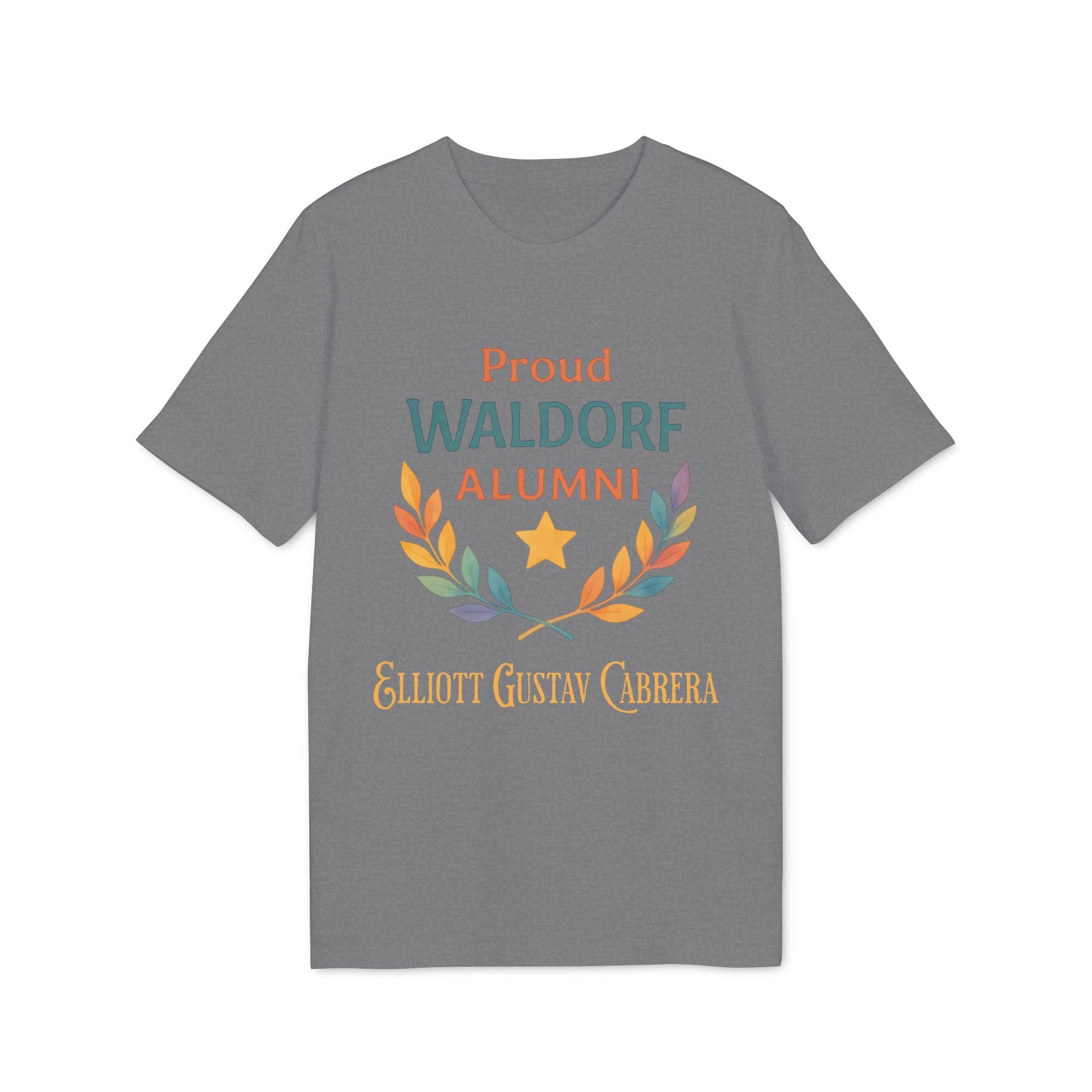 Alt Tag: Proud Waldorf Alumni Personalized Darker Colors grey t-shirt with laurel and star graphic, personalized name Elliott Gustav Cabrera