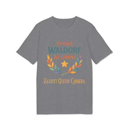 Alt Tag: Proud Waldorf Alumni Personalized Darker Colors grey t-shirt with laurel and star graphic, personalized name Elliott Gustav Cabrera