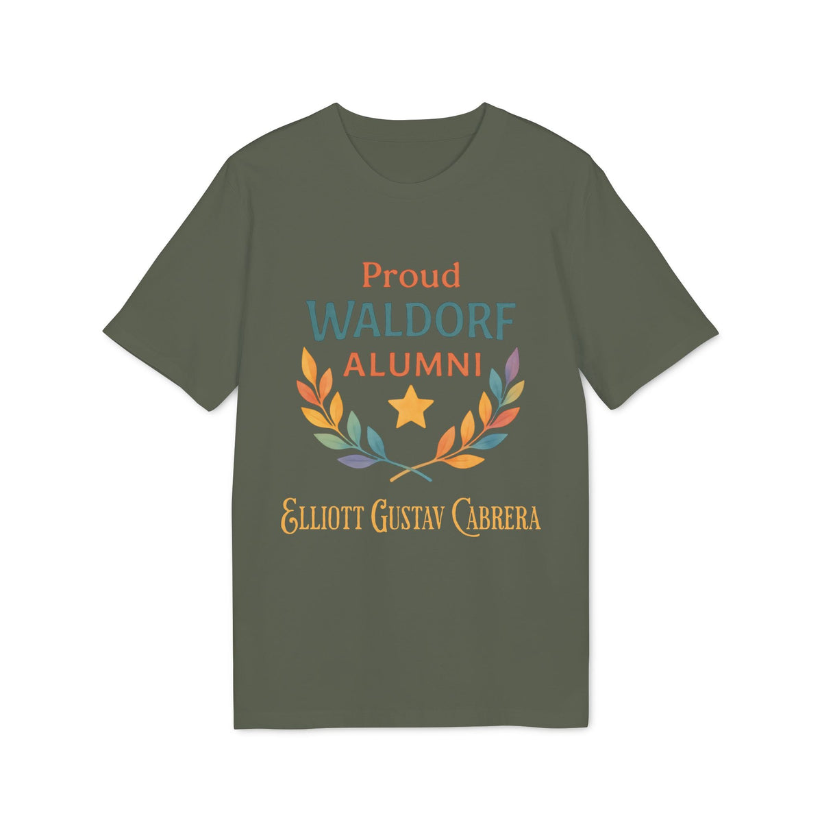 Alt Tag: Proud Waldorf Alumni Personalized Darker Colors t-shirt in dark green with laurel wreath, star, and personalized name text
