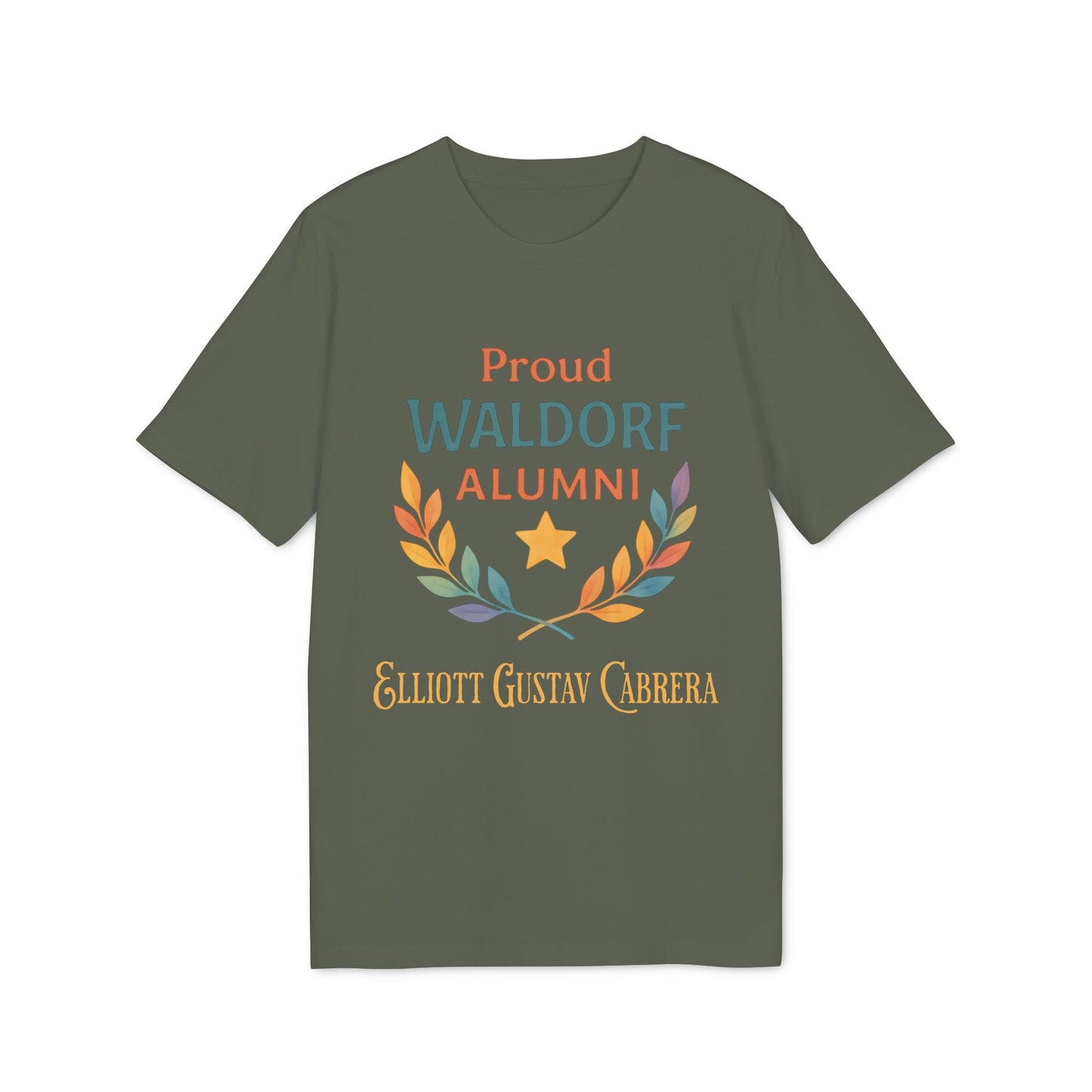 Alt Tag: Proud Waldorf Alumni Personalized Darker Colors t-shirt in dark green with laurel wreath, star, and personalized name text
