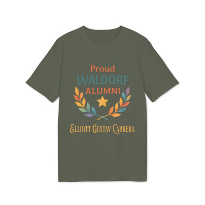 Alt Tag: Proud Waldorf Alumni Personalized Darker Colors t-shirt in dark green with laurel wreath, star, and personalized name text