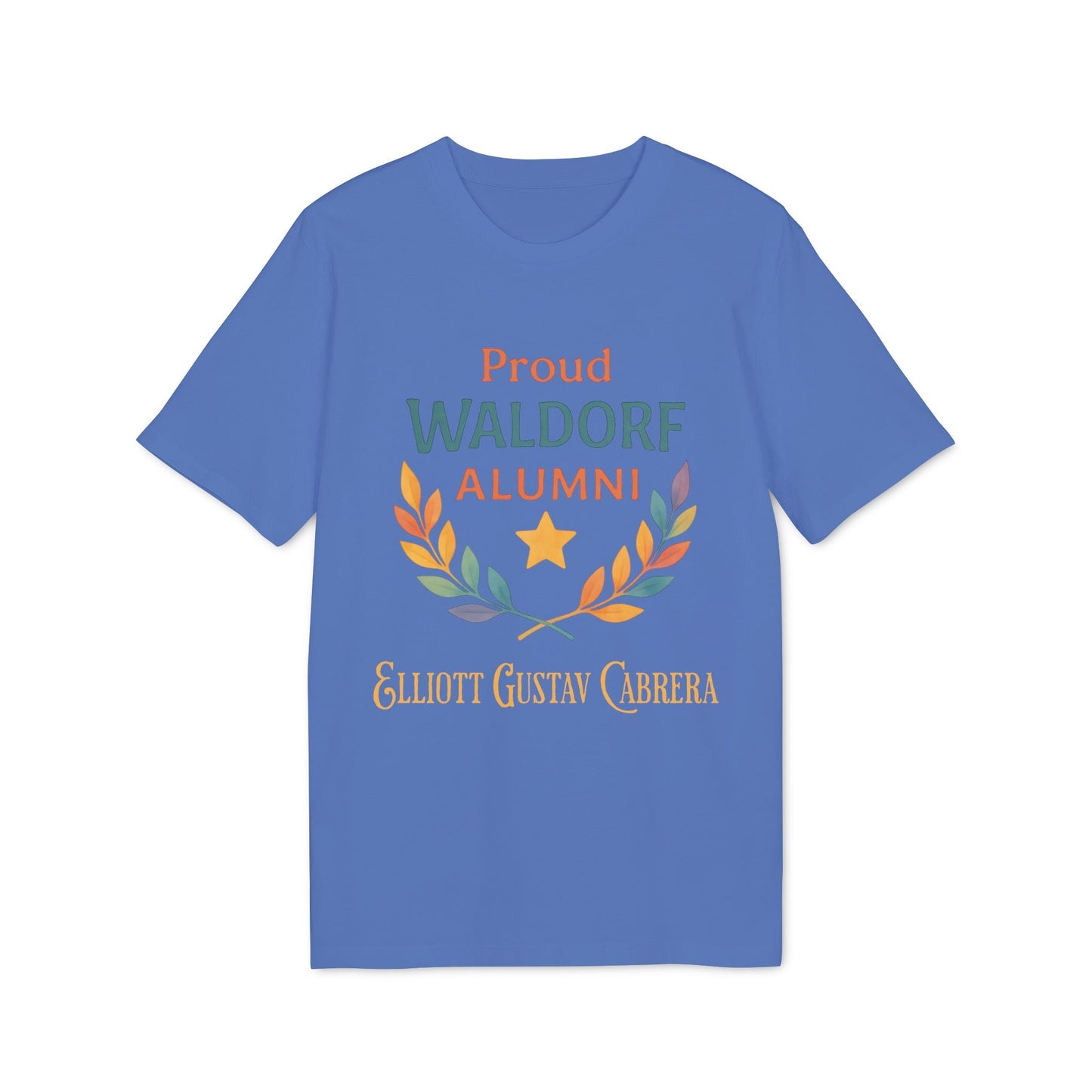Alt Tag: Proud Waldorf Alumni Personalized Darker Colors t-shirt with laurel wreath, star, and custom name text on blue shirt