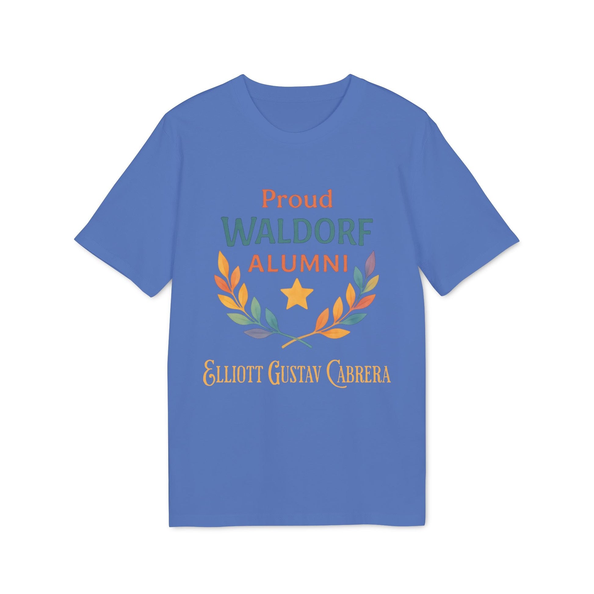 Alt Tag: Proud Waldorf Alumni Personalized Darker Colors t-shirt with laurel wreath, star, and custom name text on blue shirt