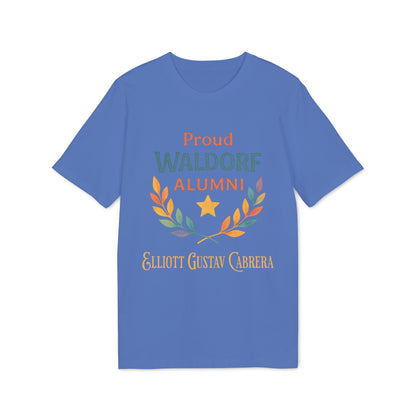 Alt Tag: Proud Waldorf Alumni Personalized Darker Colors t-shirt with laurel wreath, star, and custom name text on blue shirt