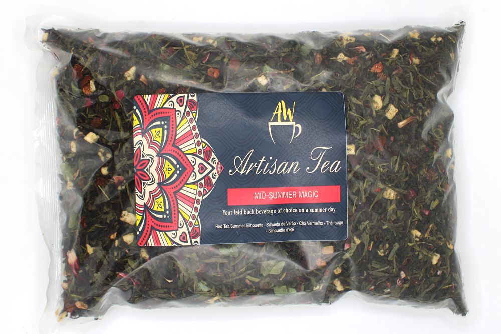 Pu Erh Red & Sencha Green Tea Blend – 1 KG, bolsa a granel de té mezclado con piezas de fruta como kiwi y fresa