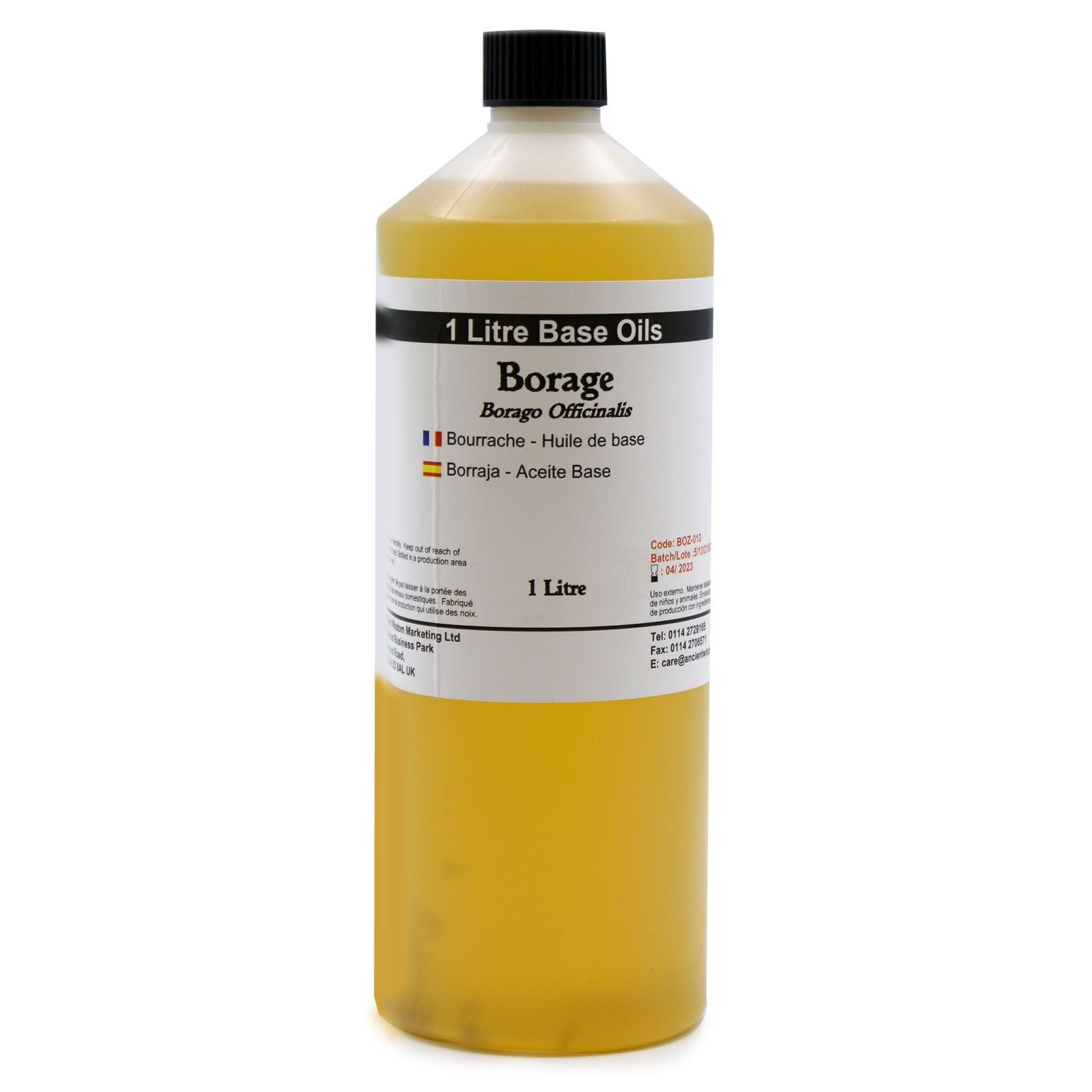 Pure Borage Oil – 1 Litre bottle of borage (Borago officinalis) base oil, 1 litre size, yellow oil with black cap
