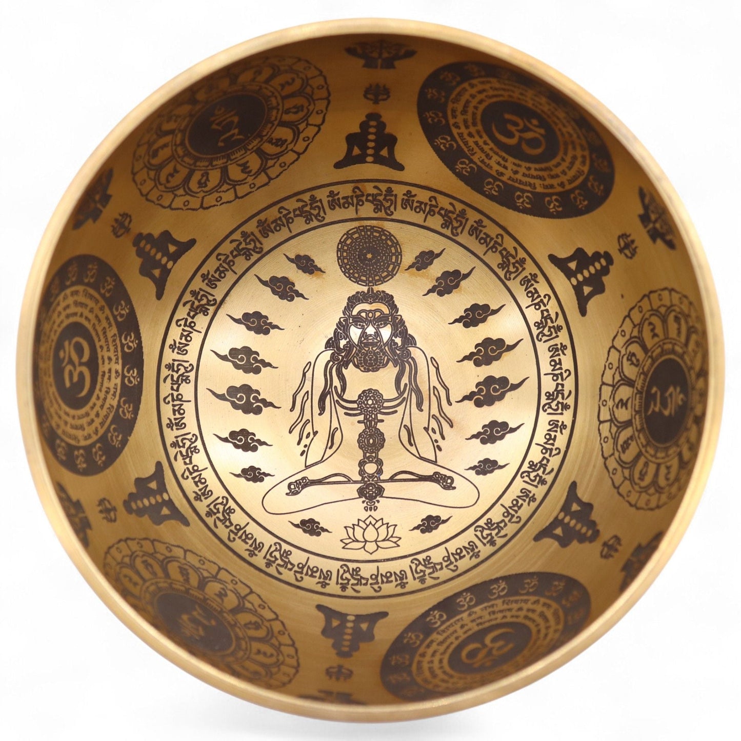 Alt Tag: Ren mässing tibetanska klangskålar – set med 4 – 3.85KG, cuenco tibetano de latón med ingraverade andliga symboler, insida vy