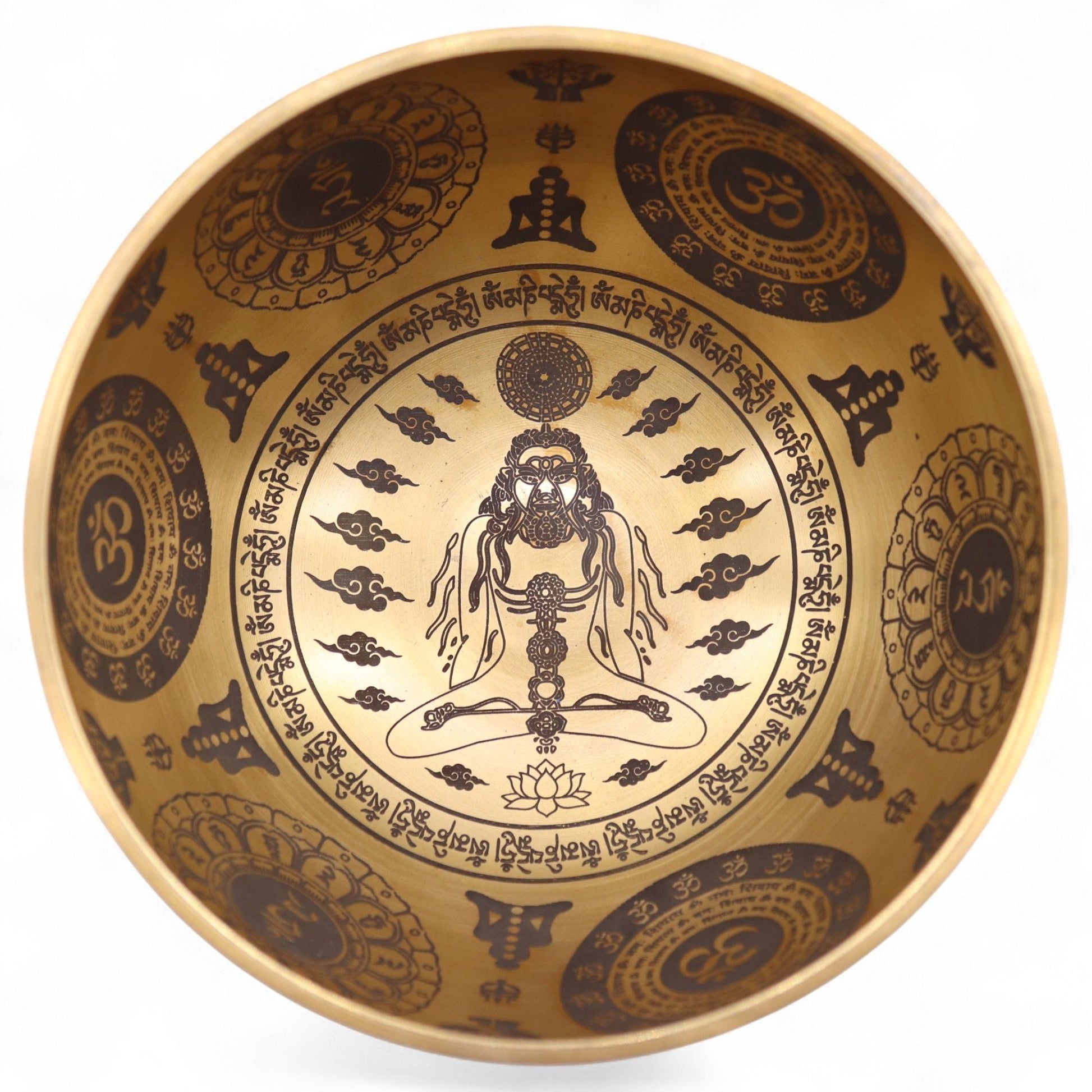 Alt Tag: Ren mässing tibetanska klangskålar – set med 4 – 3.85KG, cuenco tibetano de latón med ingraverade andliga symboler, insida vy