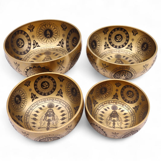 Alt Tag: Pure Brass Tibetan Singing Bowls – Set of 4 – 3.85KG with engraved spiritual symbols, premium brass sound therapy bowls