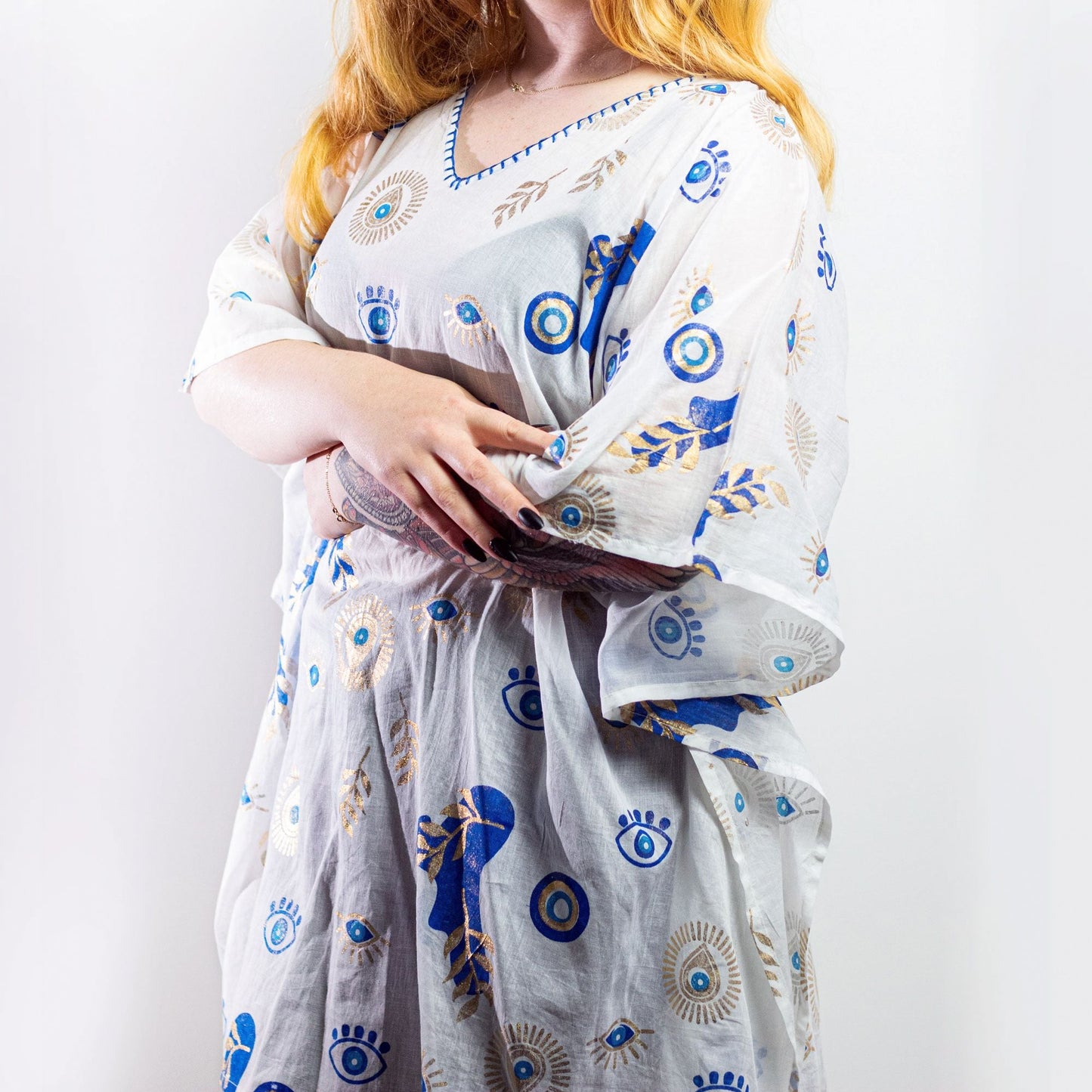 Pure Cotton Kaftan – 90x100 CM White, Blue & Gold white kaftan dress with blue and gold print, long sleeves, V-neck