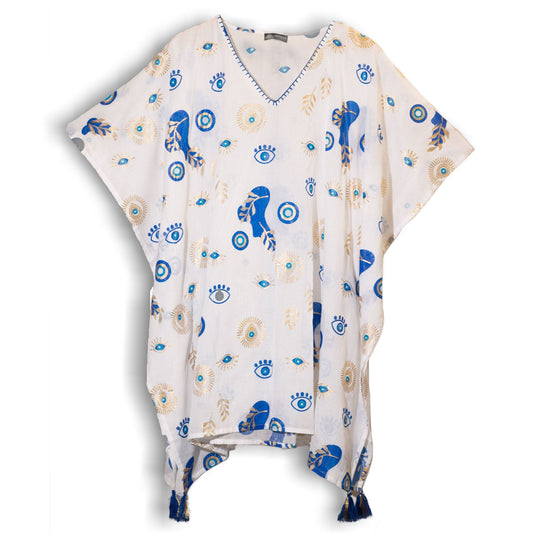 Pure Cotton Kaftan – 90x100 CM White, Blue & Gold, white kaftan with blue and gold eye print, V-neck, tassel hem
