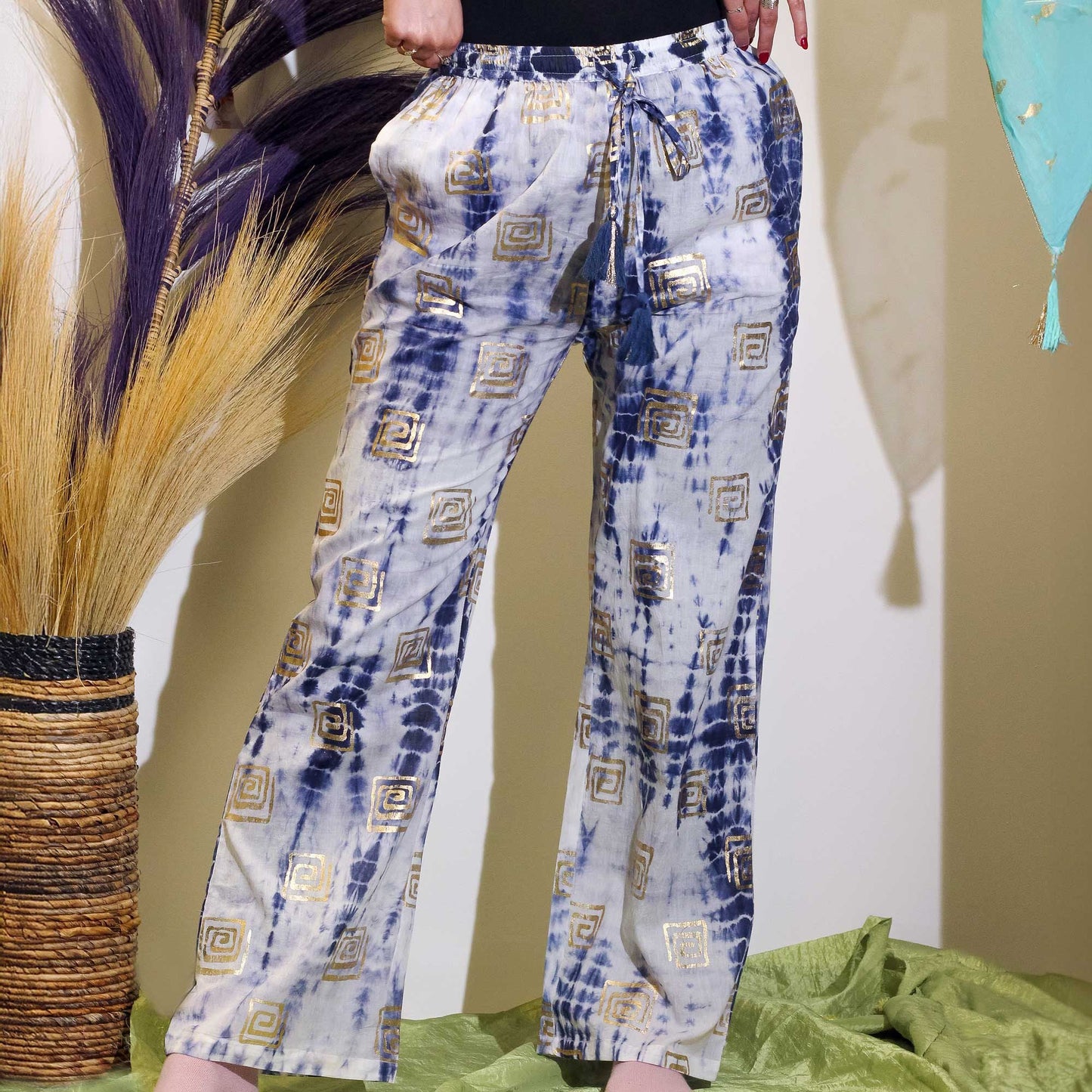 Alt Tag: Pure Cotton Lounge Pants – Gold & Blue Greek Motif, hand-painted drawstring cotton pants with gold-blue Greek pattern
