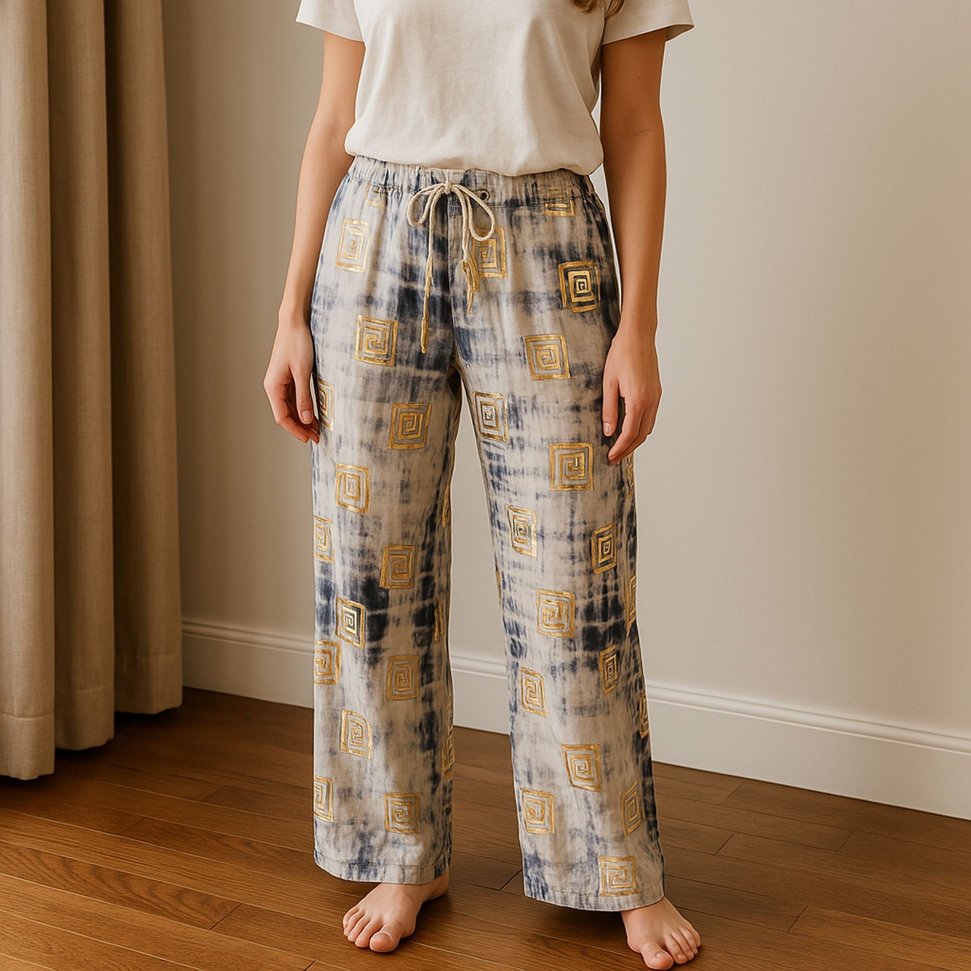 Pure Cotton Lounge Pants – Gold & Blue Greek Motif on model, hand-painted style drawstring wide-leg pants, front view