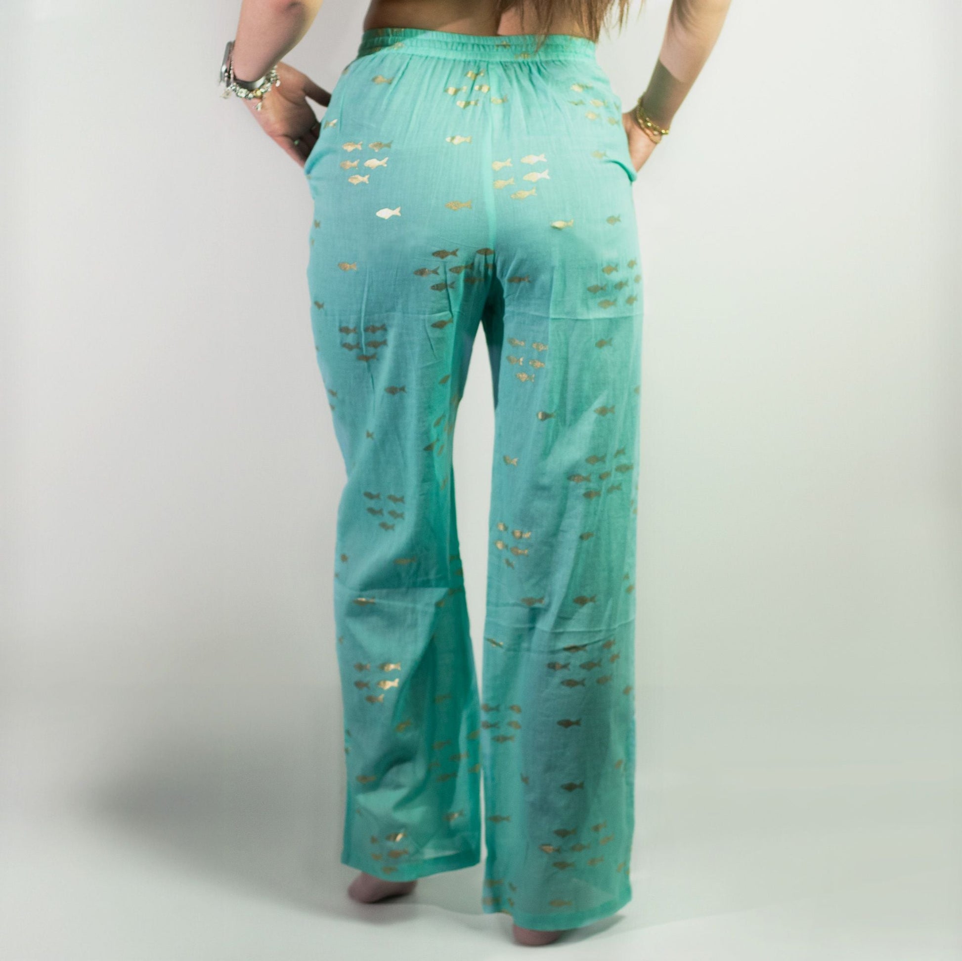 Alt Tag: Pure Cotton Lounge Pants – Turquoise & Gold Fish, back view turquoise cotton lounge pants with gold fish print and elastic waist