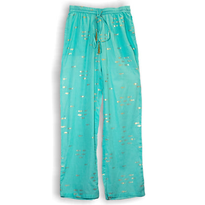Alt Tag: Pure Cotton Lounge Pants – Turquoise & Gold Fish turquoise cotton lounge pants with gold fish print and drawstring waist